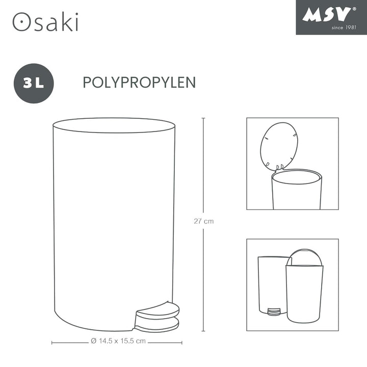 MSV - Osaki Kosmetikeimer - 3 Liter - Deckel - Treteimer für WC und Badezimmer - Kompakt - Platzspar
