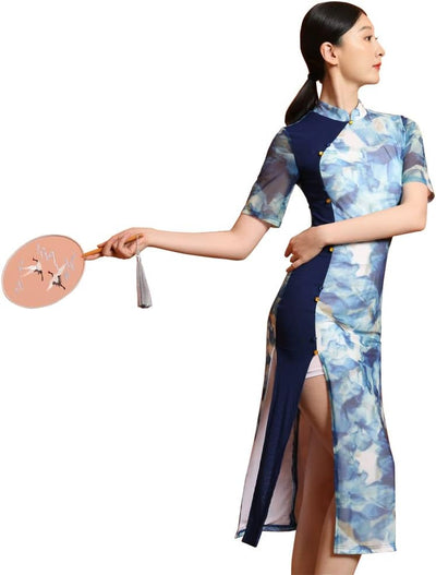 ROYAL SMEELA Blau Cheongsam Damen Druck Cheongsam Qipao Chinesische Kleid Für Frauen Kurzarm Cheongs