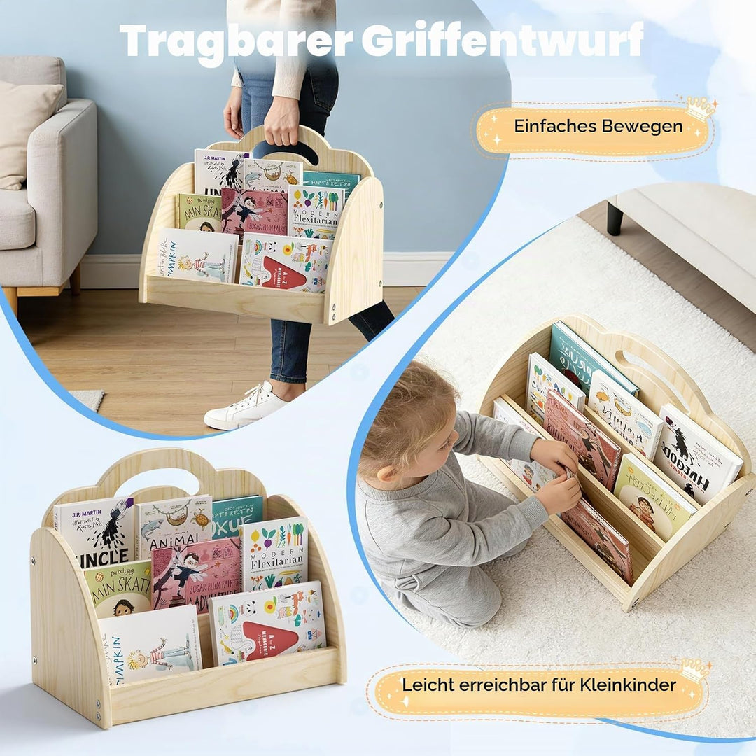 3-in-1 Kinderregal, Holz Kinder Bücherregal mit Spielzeugregal &amp; Hängetasche &amp; Offenem Fach, Tragbar