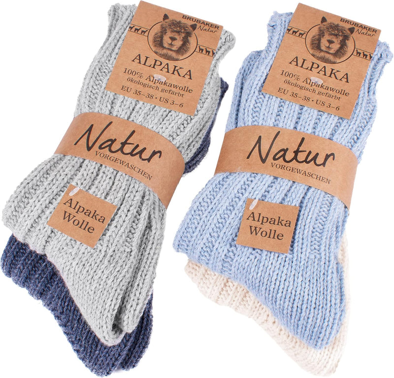 Brubaker 4 Paar Alpaka Socken sehr dick flauschig und warm - reine Alpakawolle 35-38 Blau- und Graut