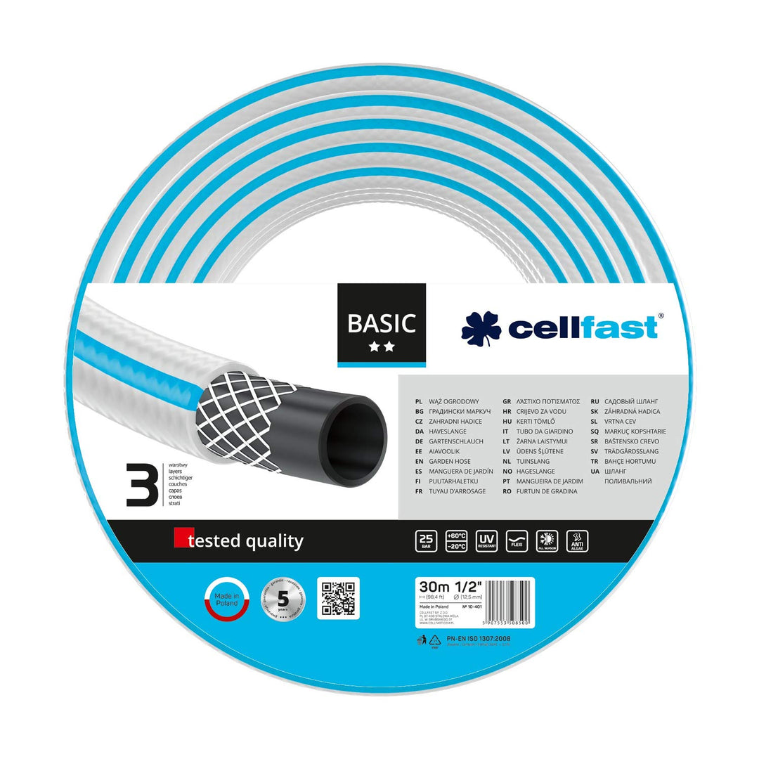 cellfast Gartenschlauch Basic 3-lagiger Schlauch mit dauerhafter Verstärkung aus Garn höchster Quali