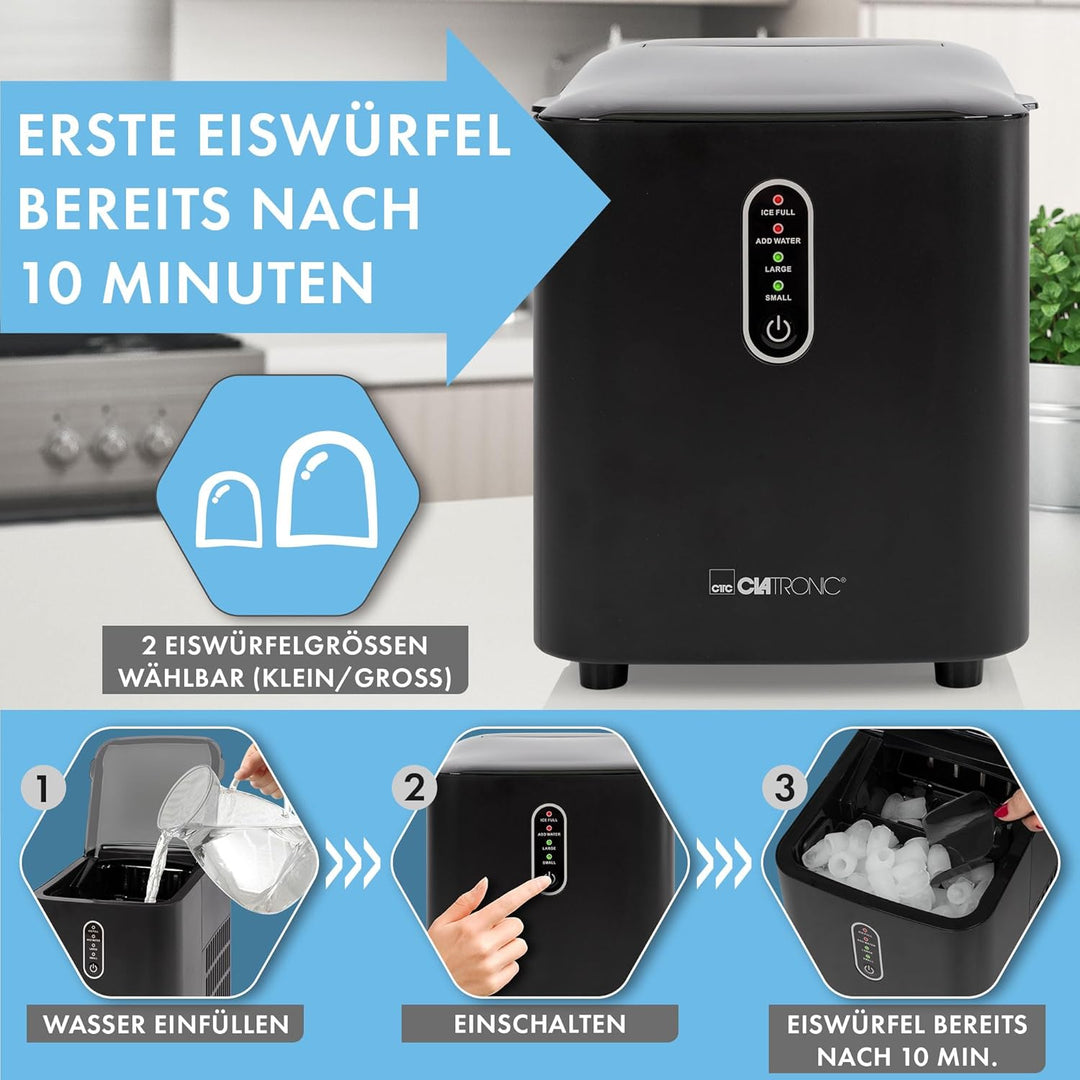 Clatronic® Eiswürfelmaschine schnelle Produktion - Eiswürfel in 10 Minuten | bis zu 10kg Eis in 24 S