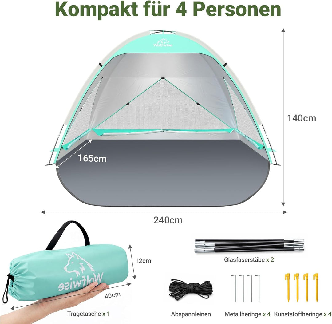 Wolfwise grosse Strandmuschel UV Schutz für 3-4 Personen, Strandzelt grosszügig mit Sonnenschutz UPF