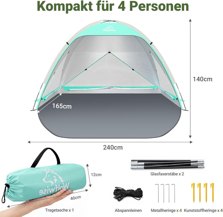 Wolfwise grosse Strandmuschel UV Schutz für 3-4 Personen, Strandzelt grosszügig mit Sonnenschutz UPF
