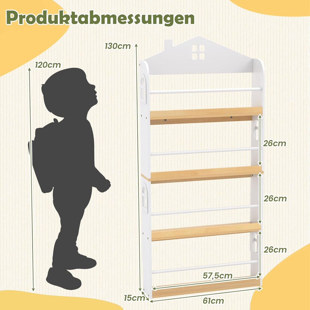 COSTWAY Bücherregal Kinder in Hausform, Kinderregal mit 4 Ablagen & Metallstangen, Wandregal schmal,