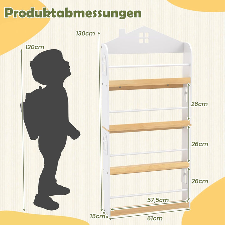 COSTWAY Bücherregal Kinder in Hausform, Kinderregal mit 4 Ablagen & Metallstangen, Wandregal schmal,