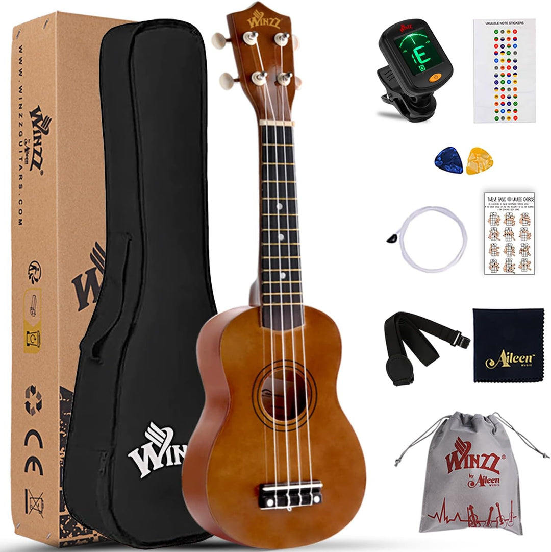 Winzz Sopran Ukulele Starter Kit für Anfänger, mit Tasche, Clip-On Tuner, zusätzlichen Saiten, Gurt,