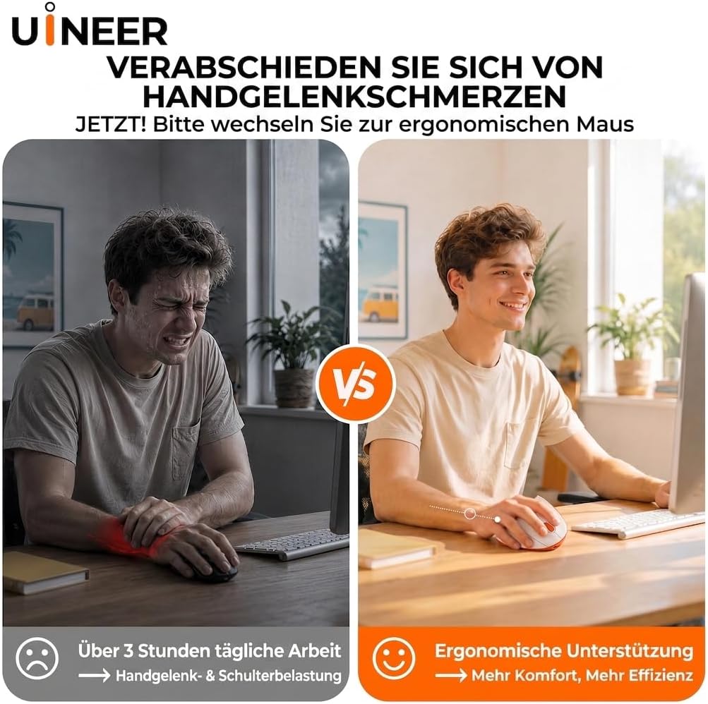 Uineer Vertikale Ergonomische Funkmaus 【Verbesserter Komfort】, leichtes und leises Design, wiederauf