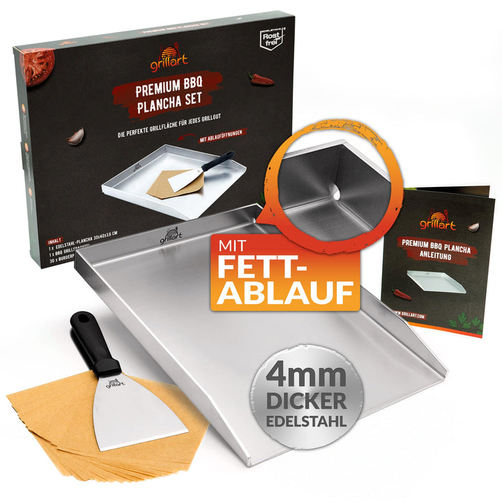grillart® Premium Plancha Grillplatte mit Grillspachtel aus massiven 4mm Edelstahl – 30x40cm Univers