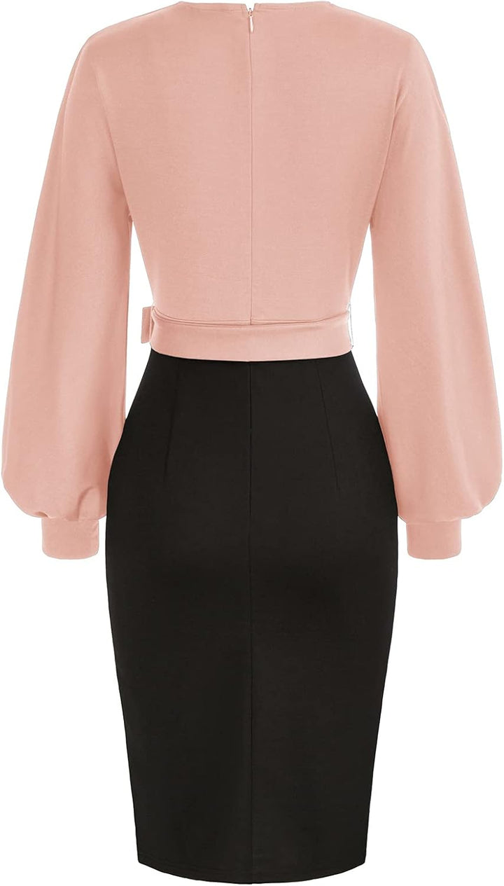 GRACE KARIN Damen Arbeit Bodycon Bleistiftkleid Langarm Hochzeit Gast Büro Kleider V-Ausschnitt Part