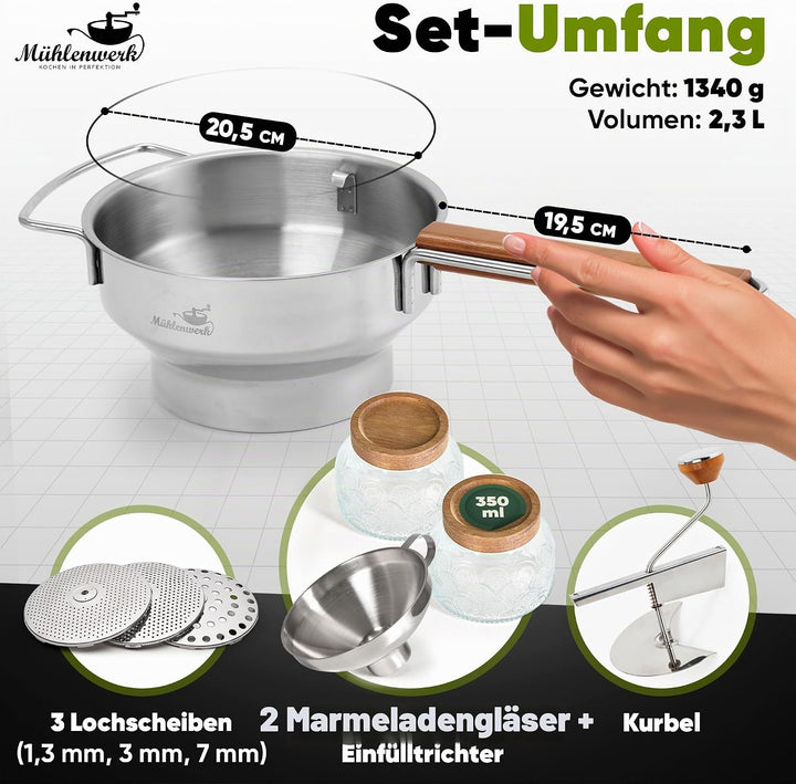 𝐌Ü𝐇𝐋𝐄𝐍𝐖𝐄𝐑𝐊 Passiermühle Edelstahl inkl. Marmeladengläser, Trichter &amp; 3 Passiersieb-Einlagen [naturre