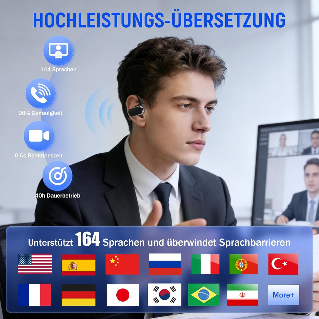 AI Kopfhörer Übersetzer, 3-in-1 Sprachübersetzer Kopfhörer 144 Sprachen mit App und 4 Übersetzungsmo