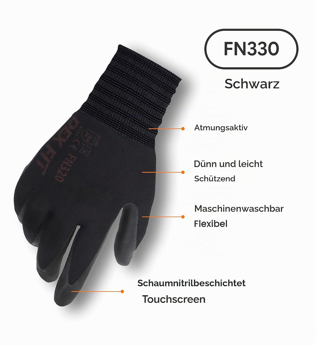 DEX FIT Arbeitshandschuhe FN330, 3D Comfort Stretch Fit, Power Grip, mit Strapazierfähigem Schaumnit