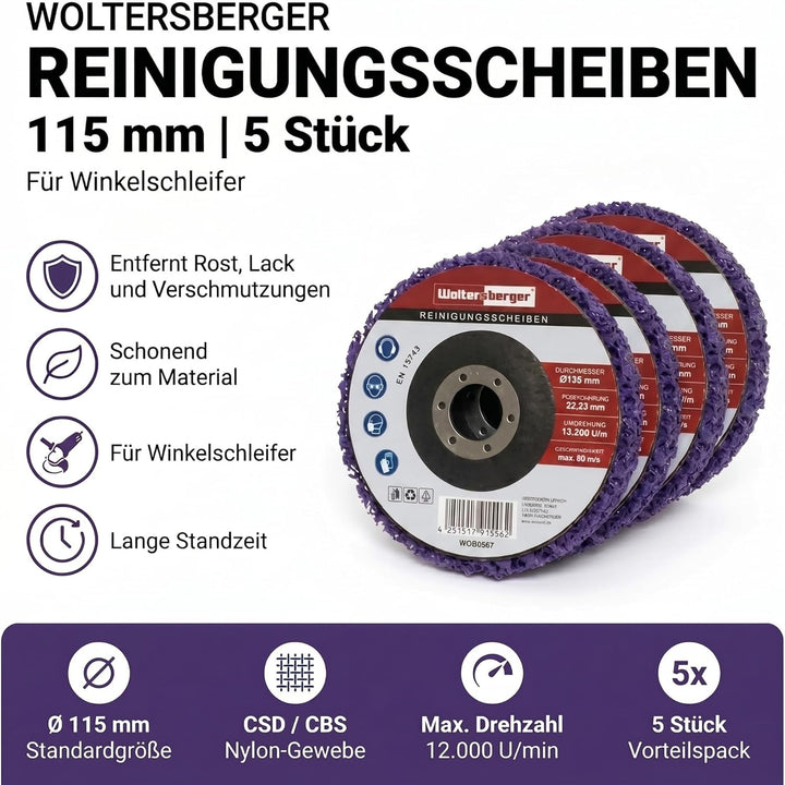 Woltersberger® Reinigungsscheiben Lila für Winkelschleifer Ø115mm Schleifscheiben zur Farbentfernung