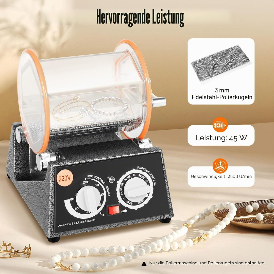 Poliermaschine für Schmuck Poliertrommel Kugelmühle 3 Kg, 45W 5 Geschwindigkeitssteuerung, Rotary Je