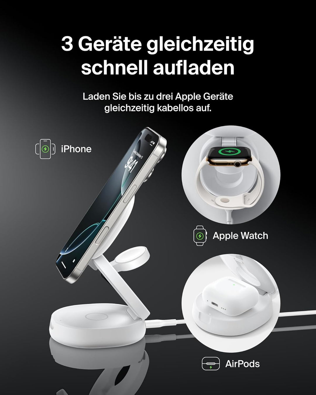 Belkin BoostCharge 3-in-1 Induktive Ladestation mit Qi2, 15W, MagSafe-kompatibles Ladegerät, Kabello