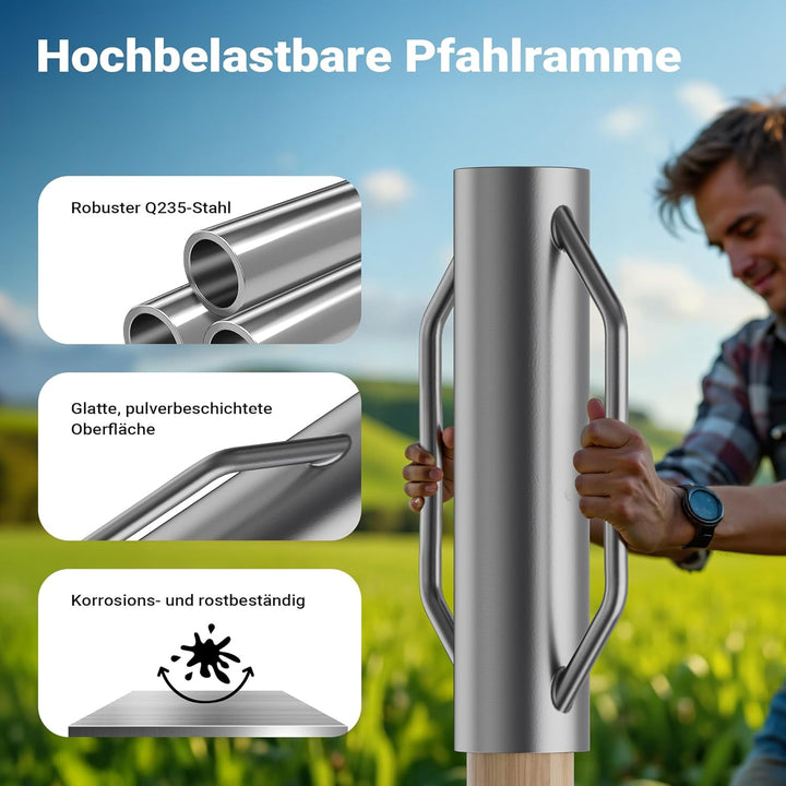 Wiltec Handramme Ø14 cm Zaunpfahlramme mit Handgriffe, Pfahlramme aus Stahl, Pfostenramme für Zaunba
