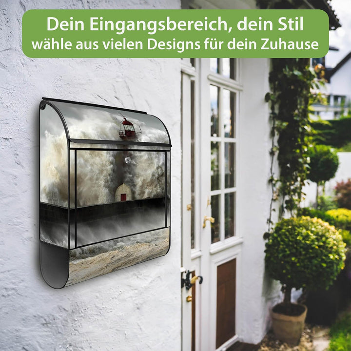 banjado Design Briefkasten 38,5x46,5x13cm &amp; 2 Schlüssel - Briefkasten Stahl Schwarz mit Zeitungsfach