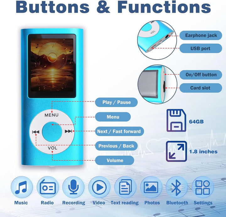 MP3 MP4 Player HiFi Tragbar mit 1,8 Zoll LCD Bildschirm, Verlustfreier Musikplayer mit Speichererwei