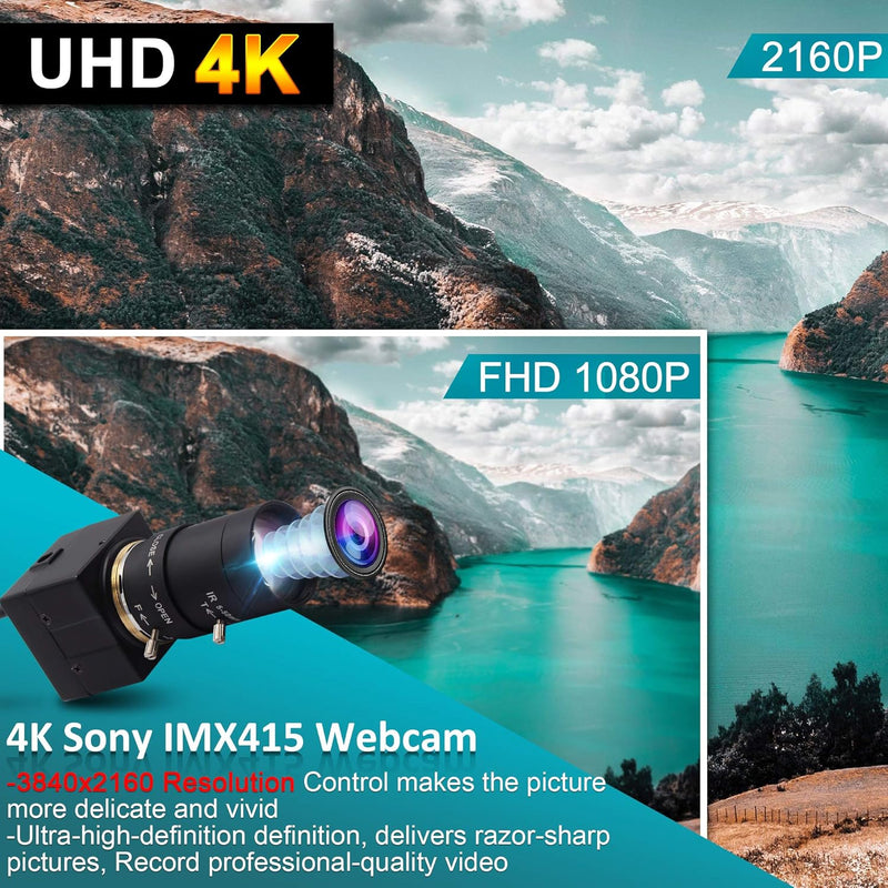 ELP 4K Webcam,2160P Zoom Web Kamera mit 5-50mm Manuell Objektiv,Variable Fokus Ultra HD Kamera,Plug