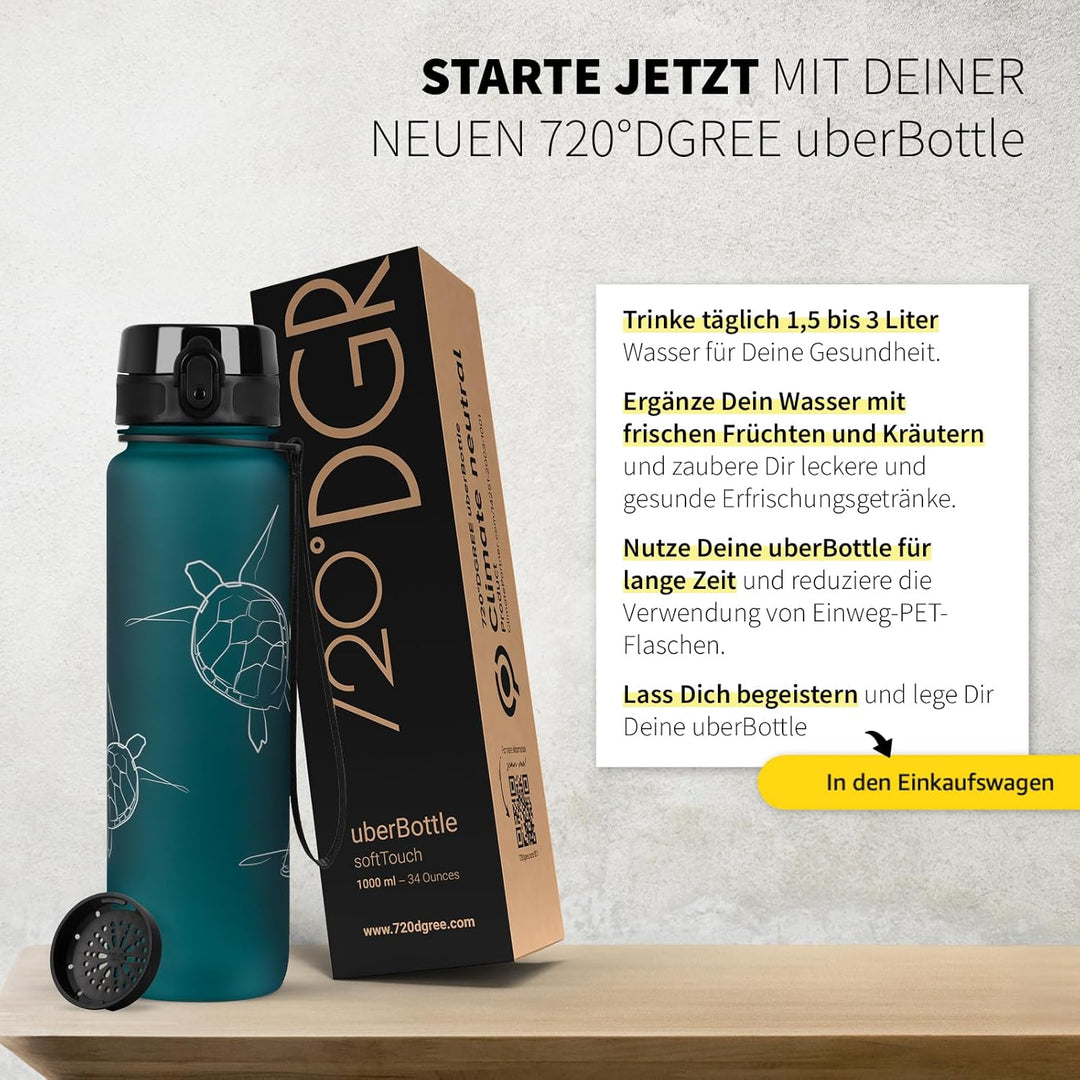 720°DGREE Trinkflasche 1l mit Motiv “uberBottle“ +Sieb - Auslaufsicher, Leicht, BPA-Frei, Bruchsiche