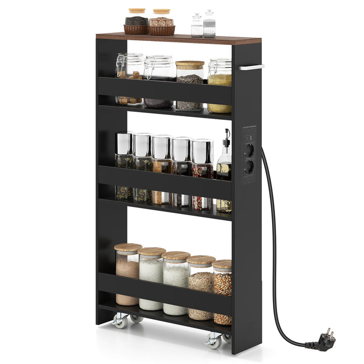 COSTWAY Nischenwagen 13cm breit, 4 Etagen Küchenwagen schmal mit Ladestation, Nischenregal auf Rolle