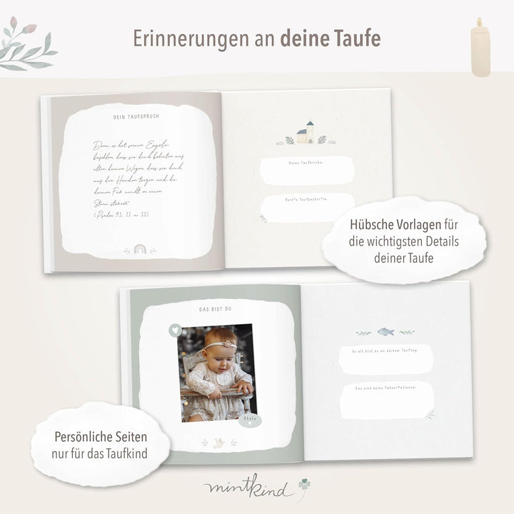 mintkind® Gästebuch Taufe Beige - Erinnerungsbuch für Junge &amp; Mädchen, Taufgeschenk &amp; Taufalbum, 72