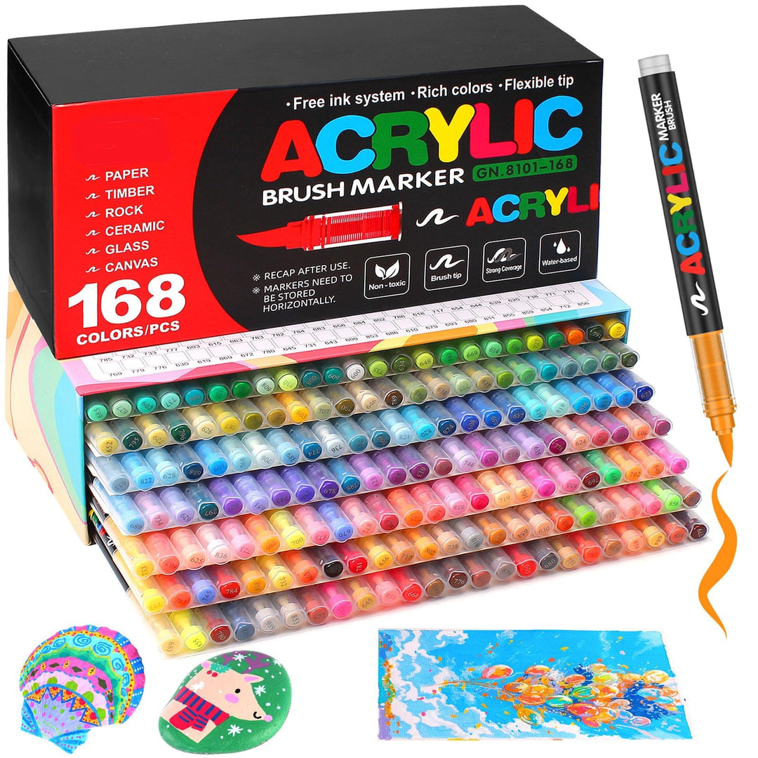 Efimeso 168 Farben Acrylstifte für Steine Wasserfest,Pinselmalstifte auf Wasserbasis Acrylic Paint M