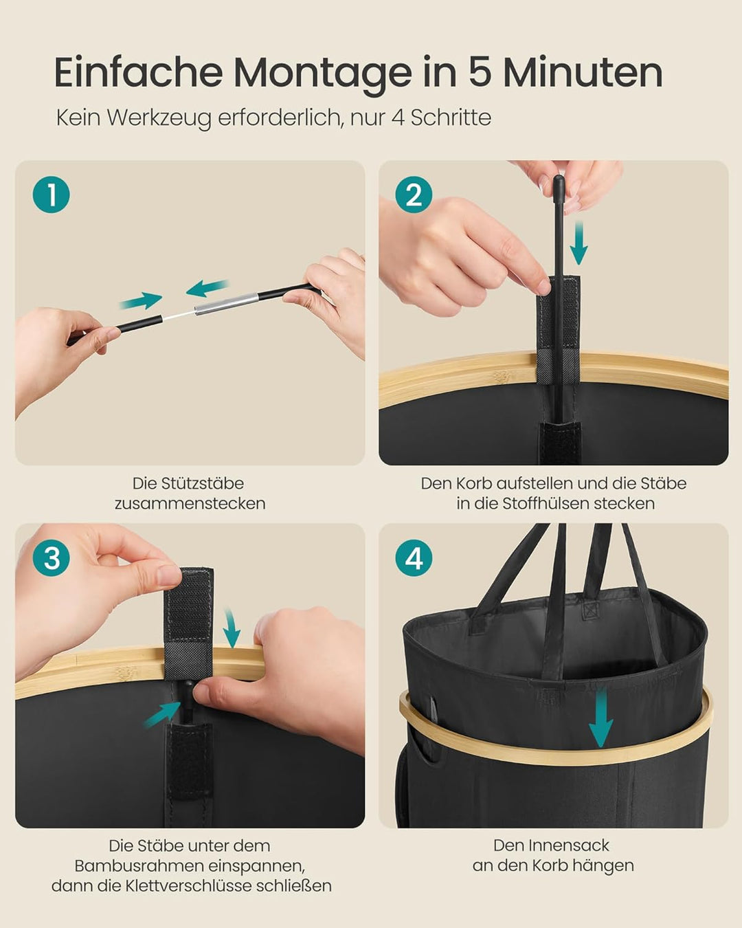 SONGMICS Wäschekorb, Wäschesammler, 90 Liter, Wäschetonne mit Deckel, Wäschesack herausnehmbar, für