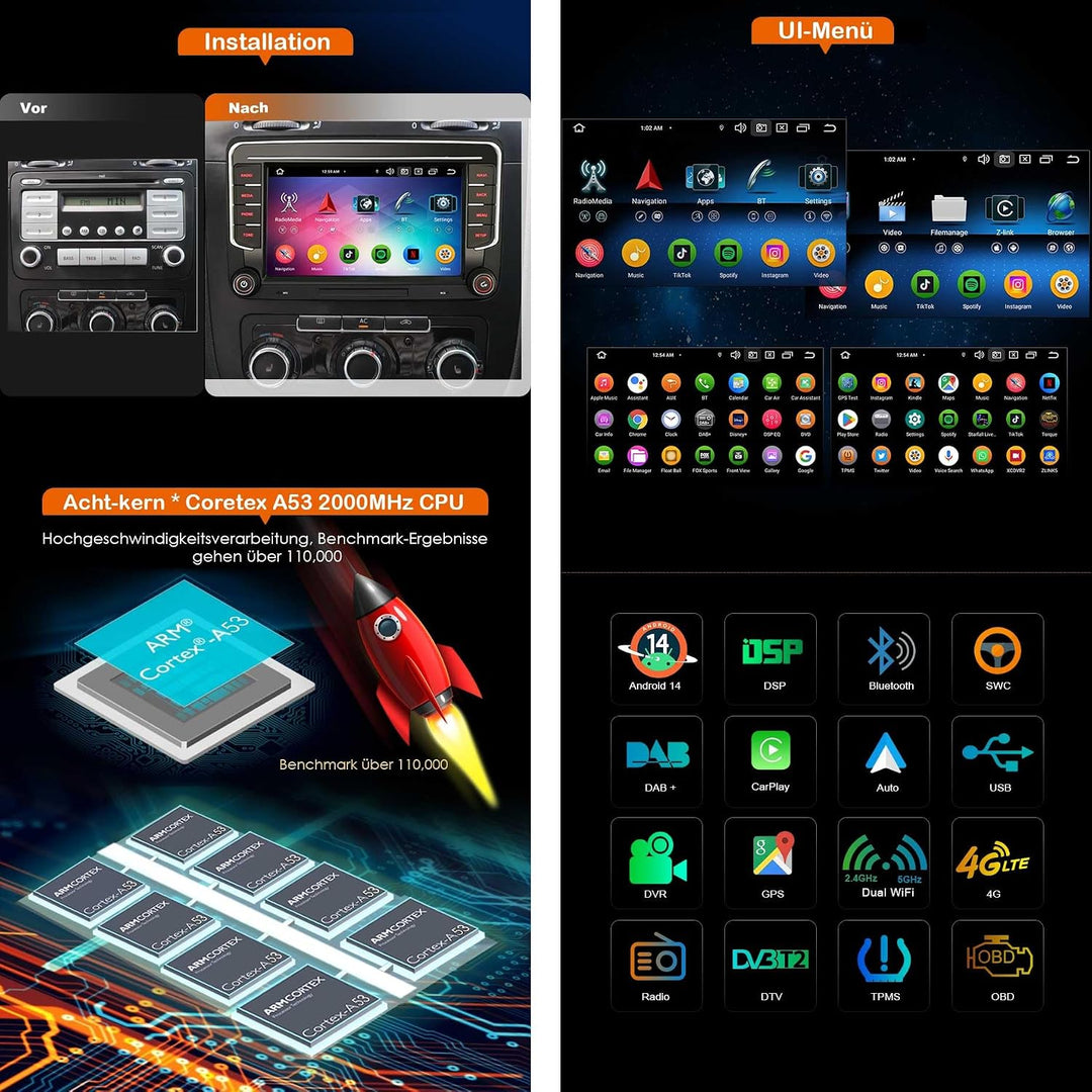 Erisin 8-Kern 4GB+64GB 7 Zoll Android 14 Autoradio GPS Navigation für VW Passat B6 Golf 5 Golf 6 Tou