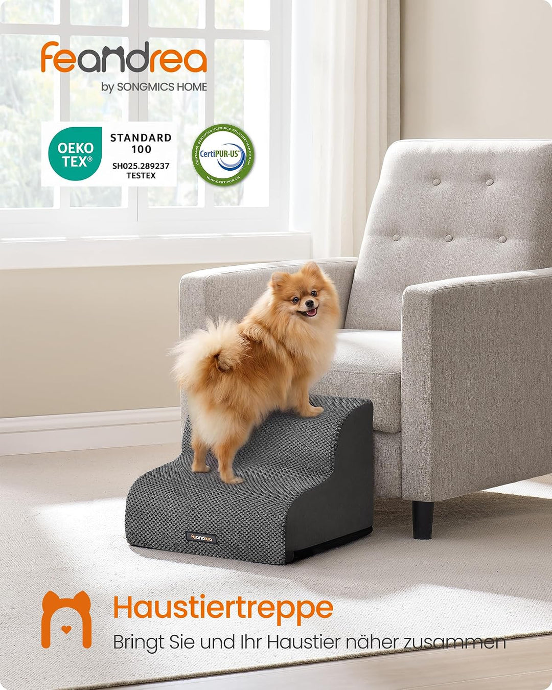 Feandrea Hundetreppe, 2 Stufen, wasserdicht, rutschfest, geringe Neigung | Haustiertreppe, Kurzplüsc