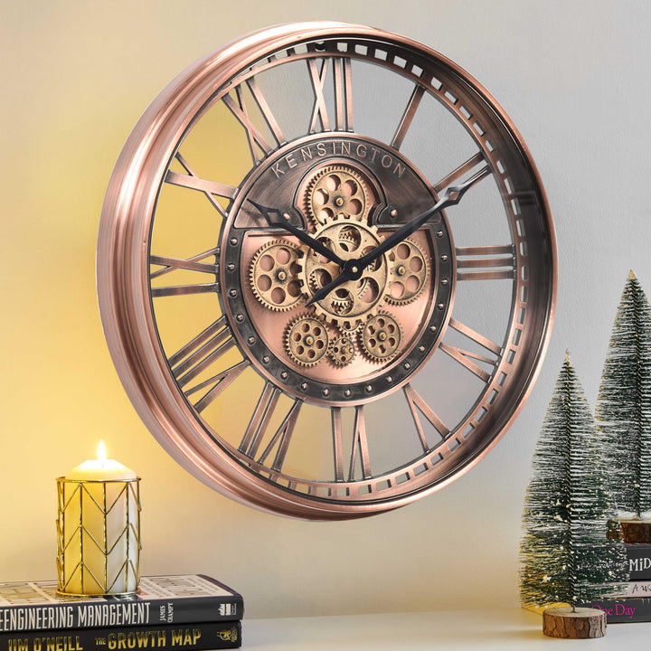 CLXEAST Moderne Wanduhr mit beweglichem Getriebe, Bronze, Kupfer, römische Zahlen (53,5 cm) Römische