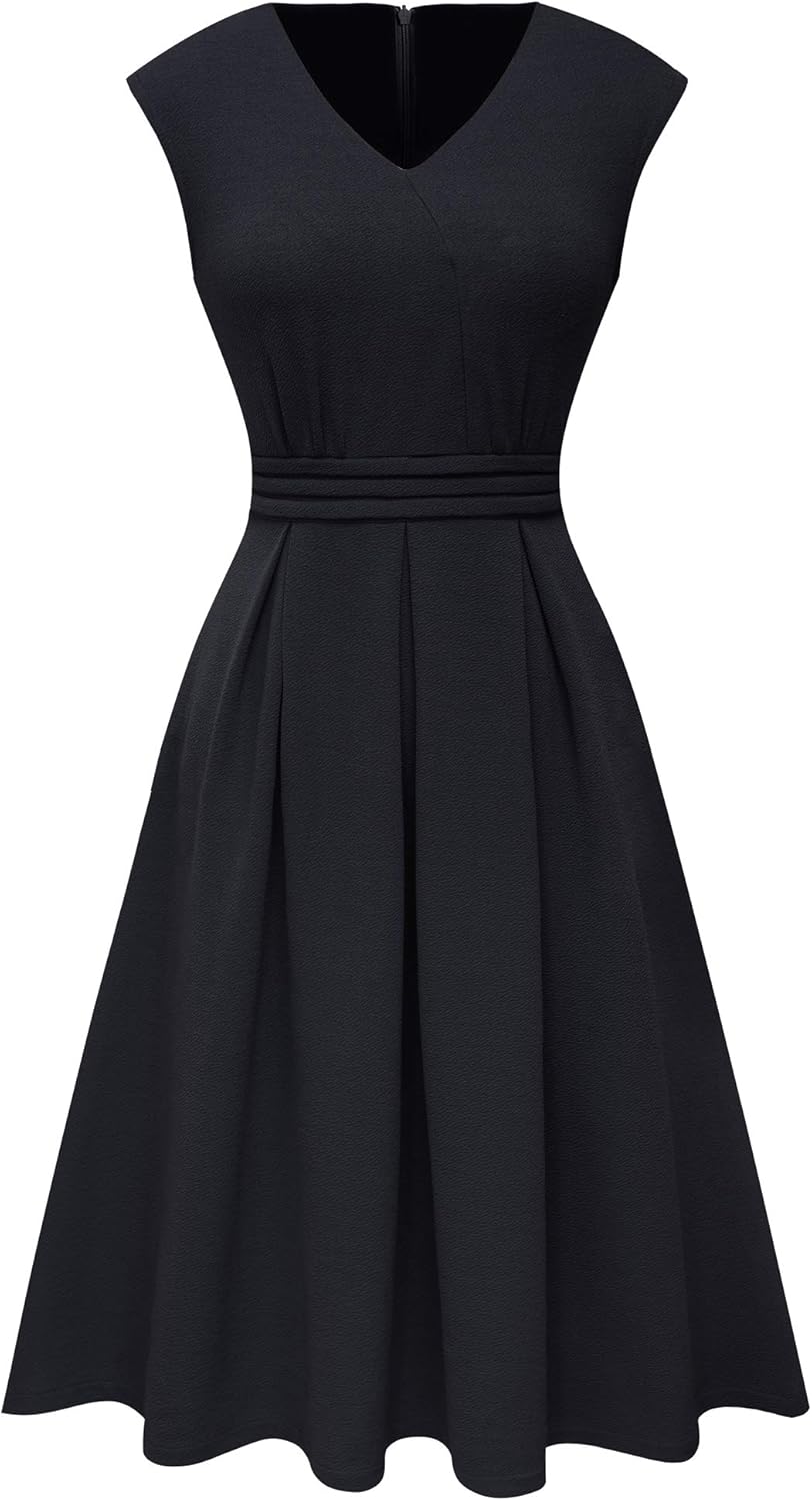 HOMEYEE Damen Vintage 50er Ärmellos Cocktail Retro mit Pocket Flared Kleid A196 S Schwarz, S Schwarz