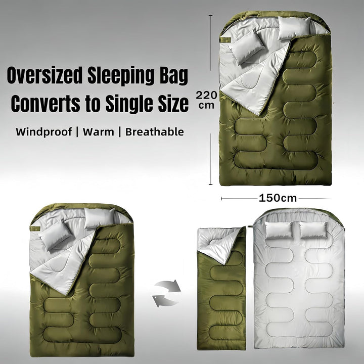 Doppelschlafsack 2P 220x150cm, 3-in-1 Deckenschlafsack teilbar in 2 Einzelsäcken, wasserdichter Camp