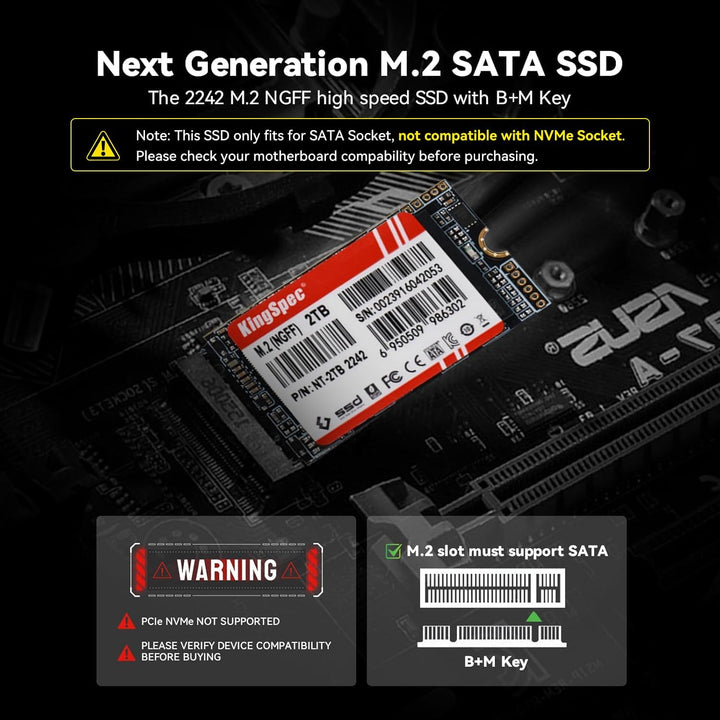 KingSpec NT-2242 SSD 2TB M.2 SATA III Bis zu 520 MB/s, 2242 Grösse SATA-Protokol, für Mini-PCs/Ultra
