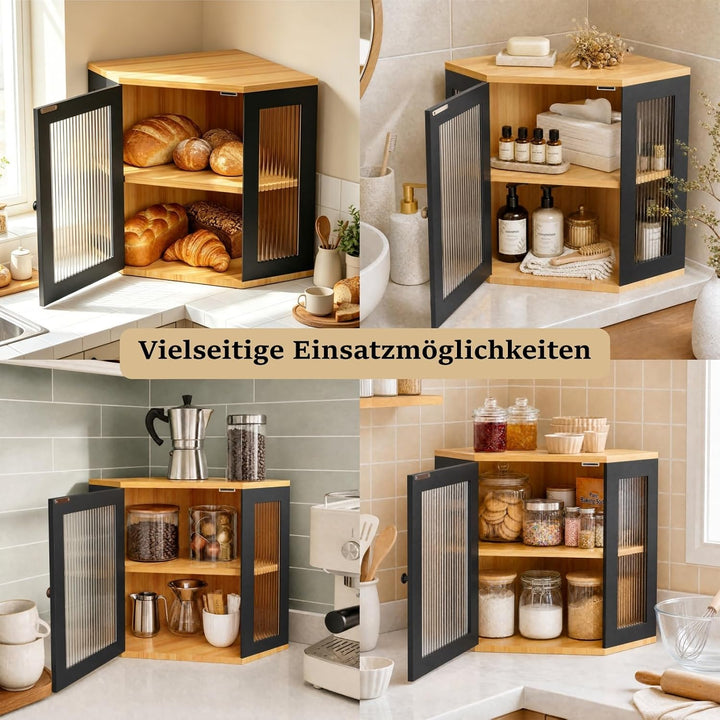 Brotkasten Holz 2 Etagen Brotaufbewahrung mit Sichtfenster, Eckregal Küche für Brot &amp; Küchenutensili