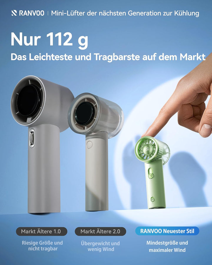 RANVOO 2025 Mini & Leistungsstarker Turbo 100 Geschwindigkeiten Kühlender Handventilator, Wiederaufl