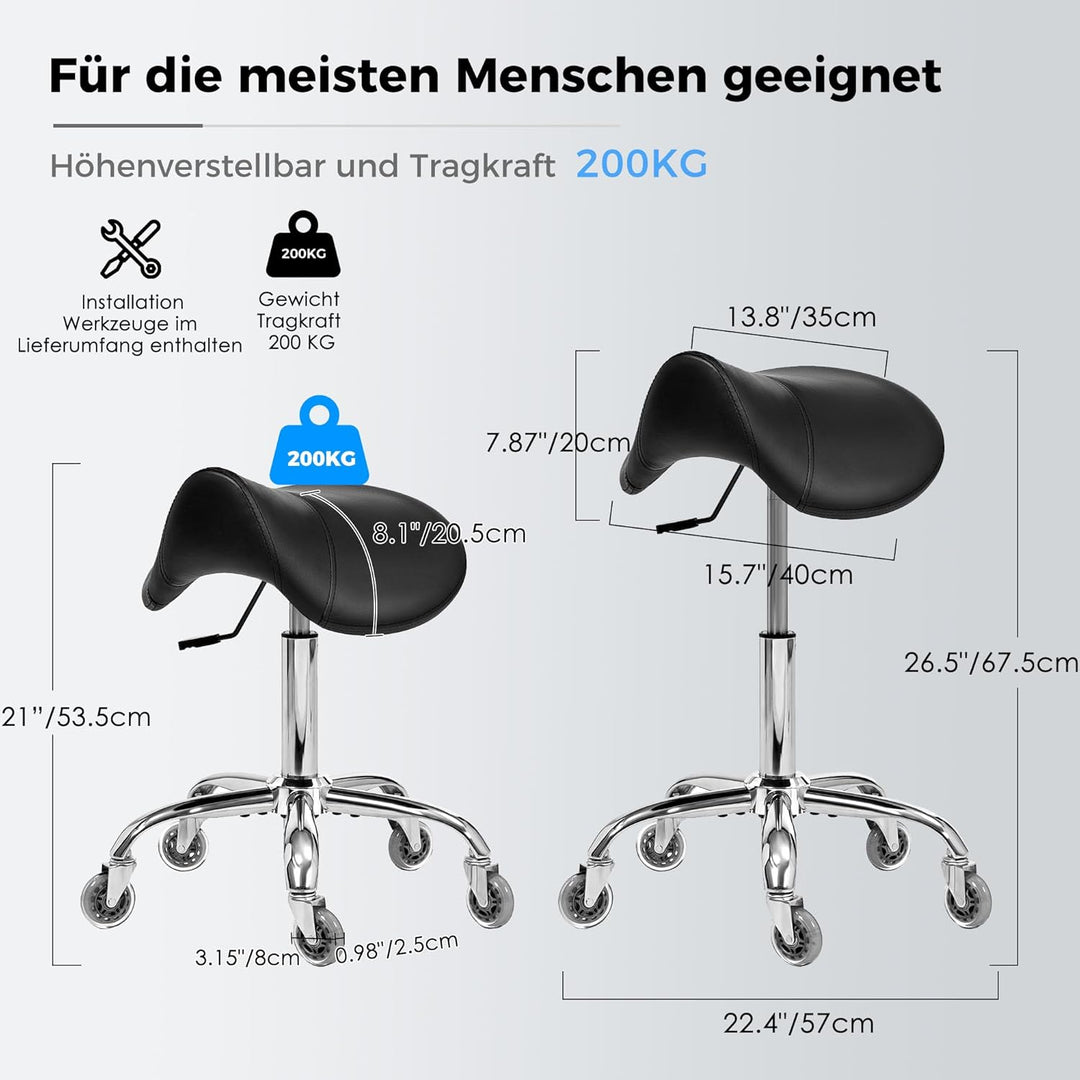 BEWISHOME Sattelhocker mit Rollen,Schwenkbarer,Verstellbarer Rollhocker, strapazierfähiges PU-Leder
