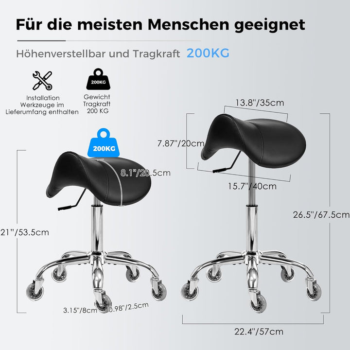 BEWISHOME Sattelhocker mit Rollen,Schwenkbarer,Verstellbarer Rollhocker, strapazierfähiges PU-Leder