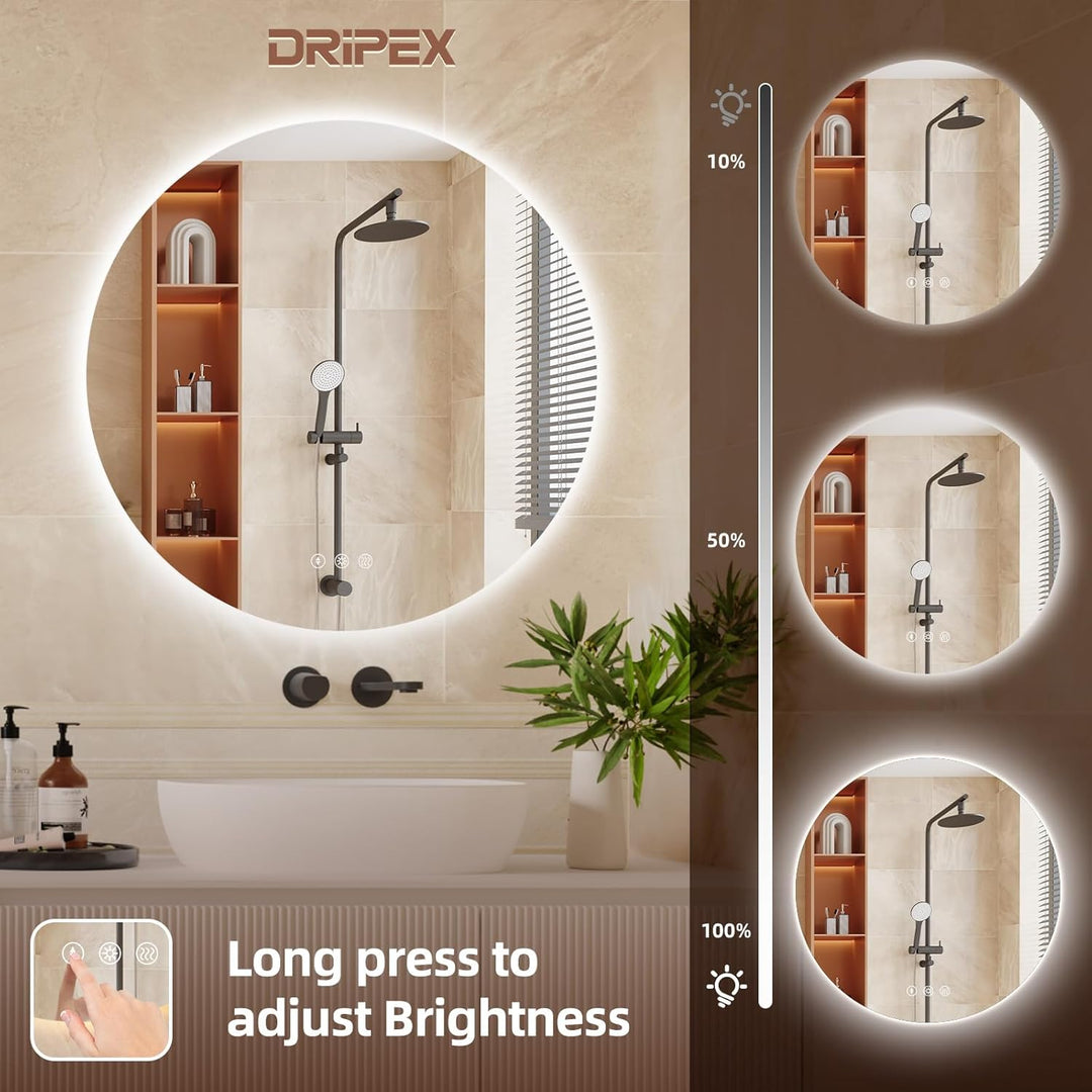 Dripex Badezimmerspiegel Led Badspiegel Rund, Touch-Schalter, Dimmbar, 3 Lichtfarbe Einstellbare Spi