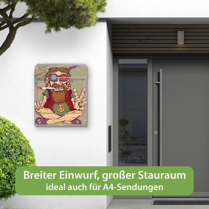 banjado® Design Briefkasten mit Motiv Peace 39x47x14cm & 2 Schlüssel - Briefkasten Stahl Silber mit