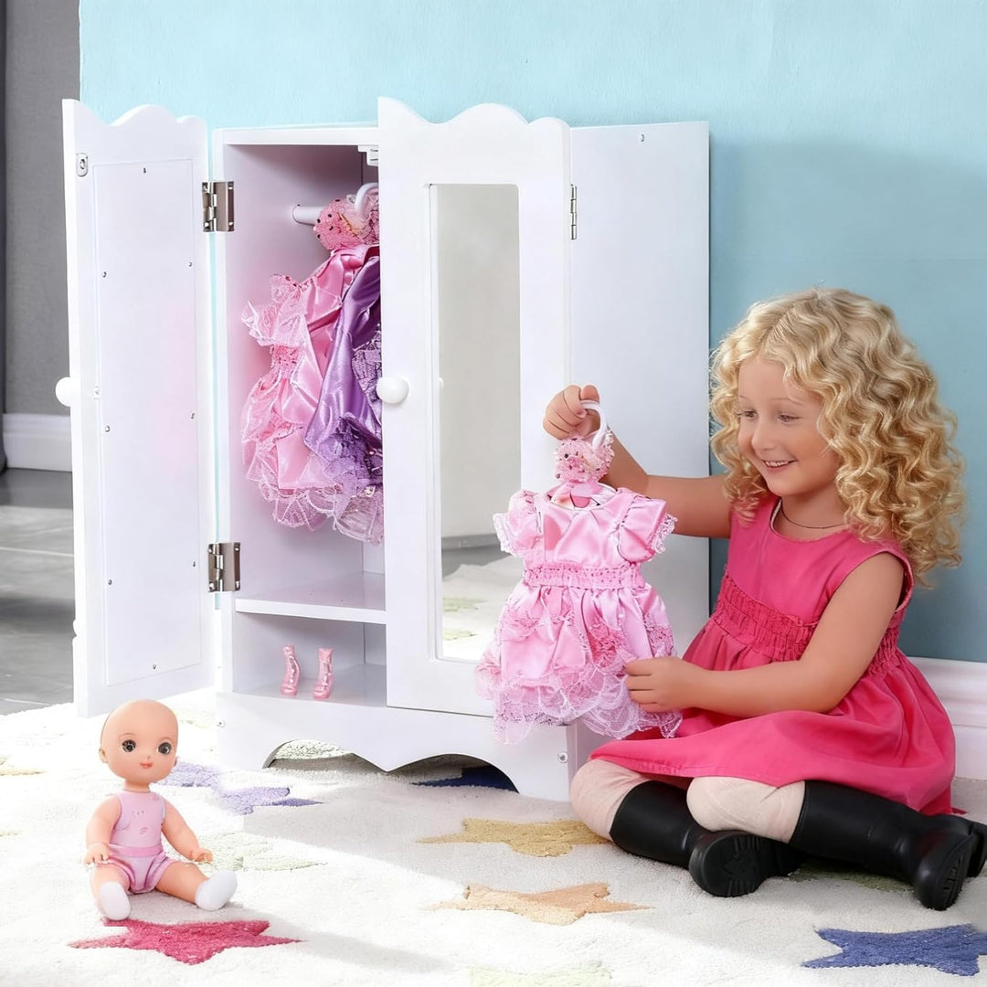 Holzpuppenmöbel mit 6 Kleiderbügeln Offener Kleiderschrank Organizer Puppenschrank für Puppen Spielz