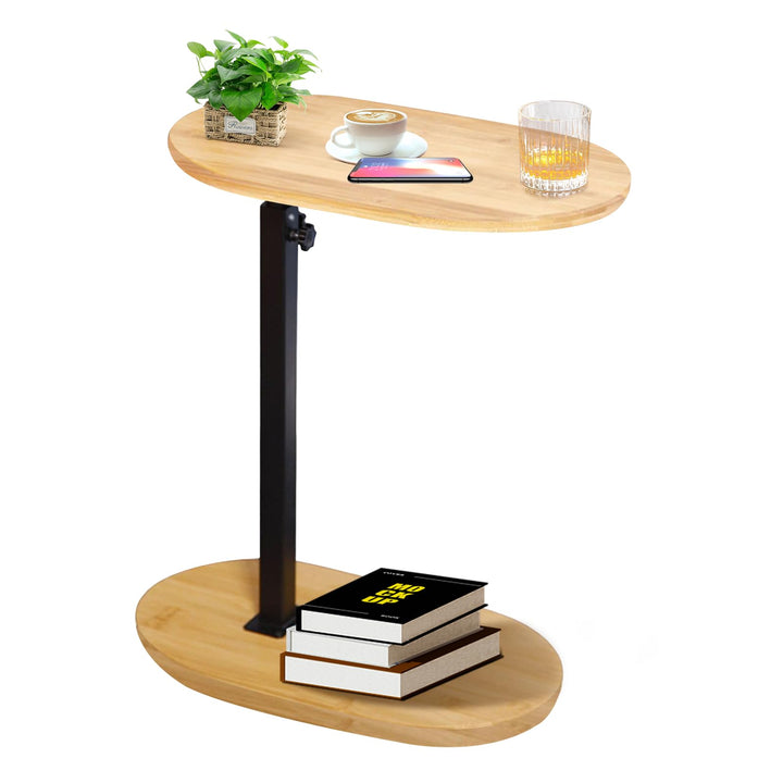 KUKKUME Beistelltisch C Form Höhenverstellbar Kleiner Tisch Bambusholz und Metall Couchtisch Sofatis