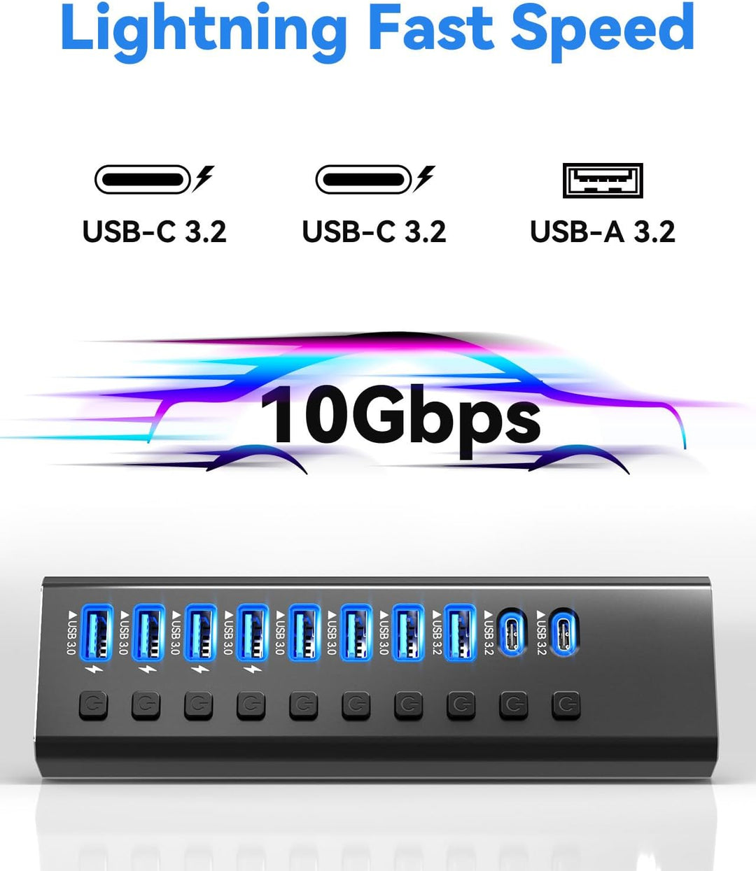 Powered USB Hub 3.2, 10-Port USB3.2/USB C Hub (10Gbps USB-A 3.2 +2 USB-C 3.2 +7 USB 3.0 Ports) mit i