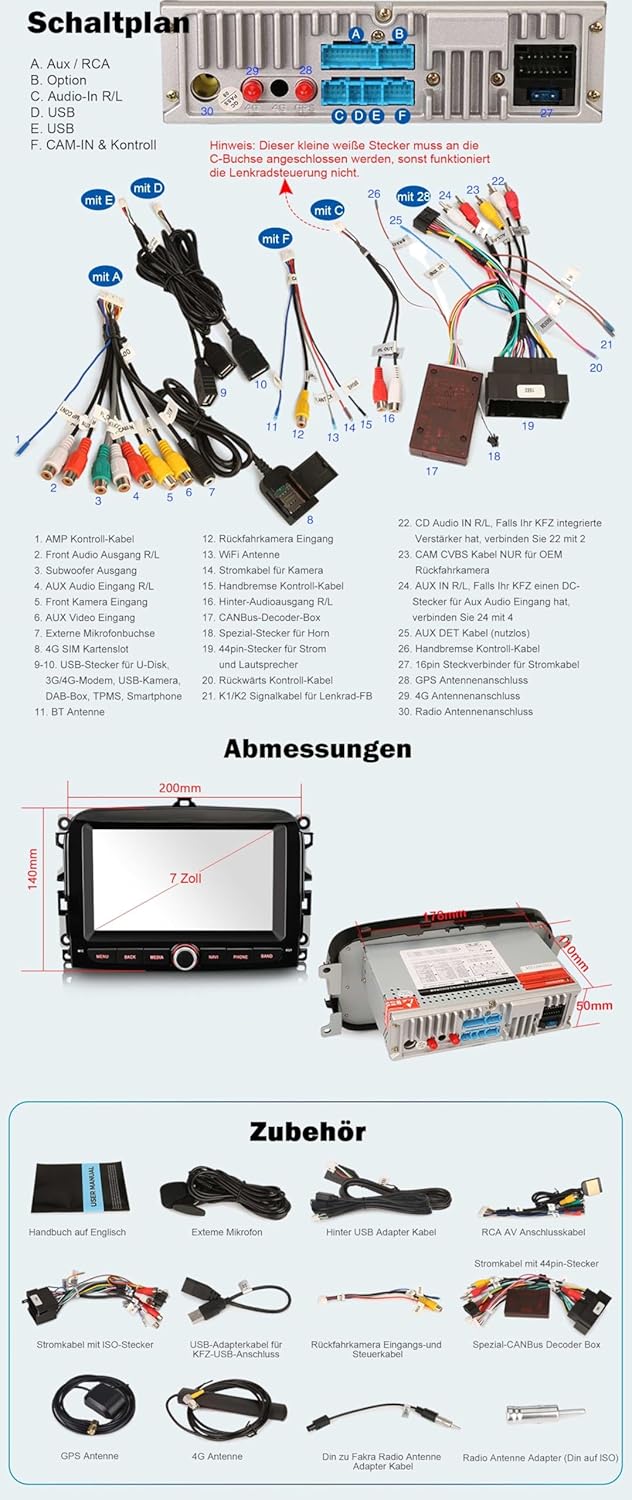 Erisin 7 Zoll 8-Kern 4GB RAM+64GB ROM Android 14 GPS Autoradio mit Navigation für FIAT 500L 2012-201