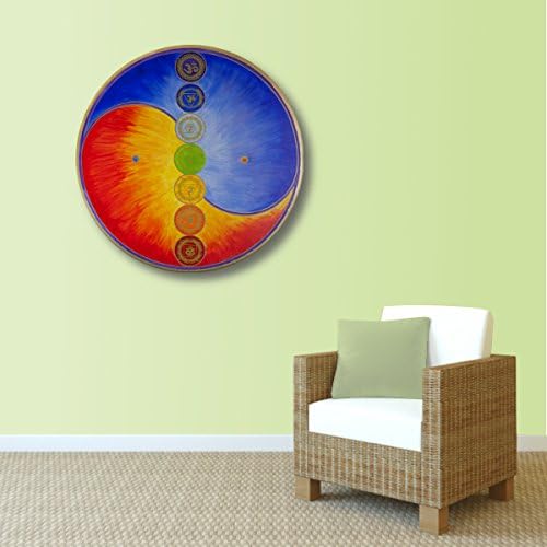 Wandbild Yin Yang mit 7 Chakra Symbolen - Grösse 80 cm rund - HANDGEMALT - Acrylfarbe auf Leinwand -