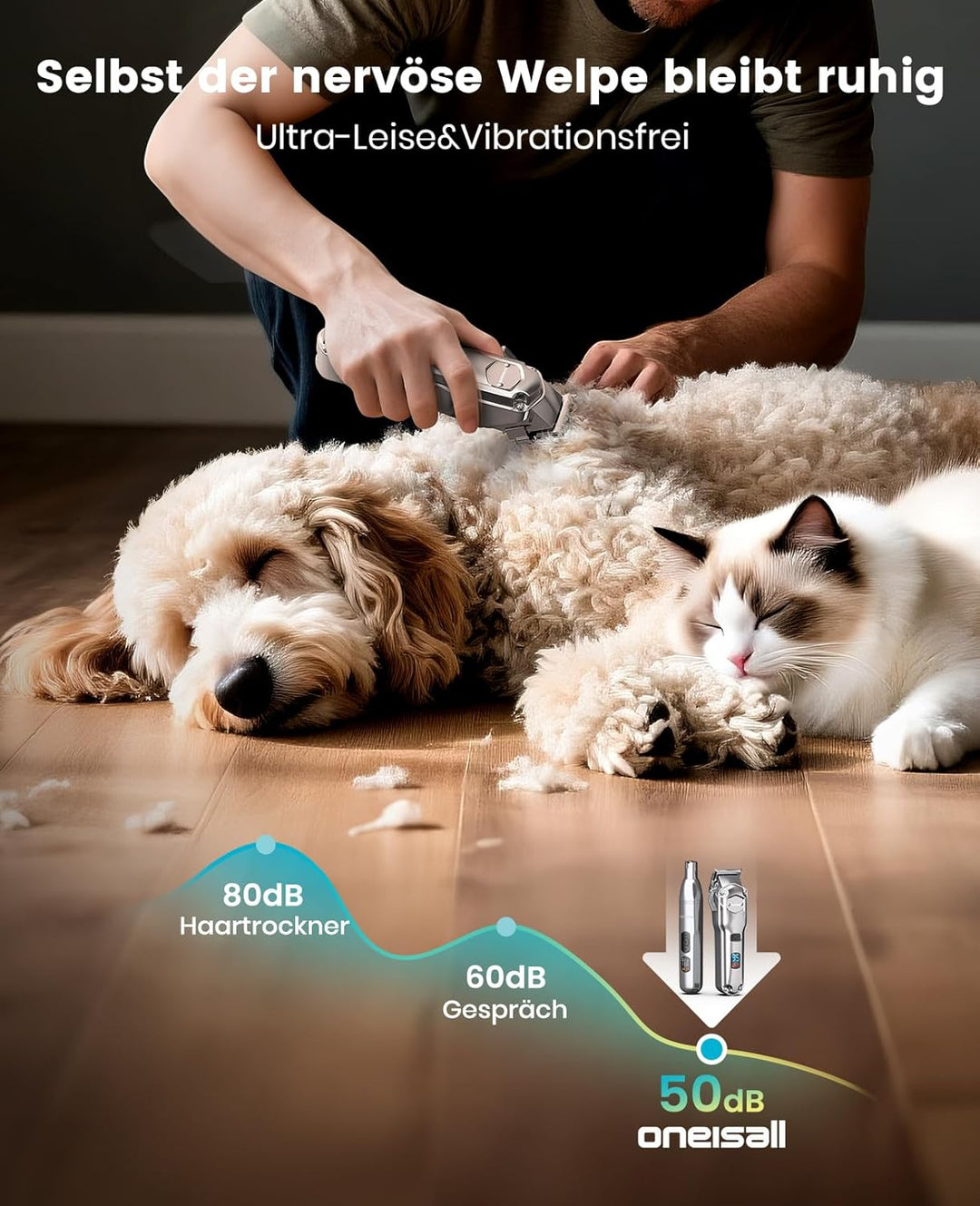 oneisall 4 in 1 Hundeschermaschine dickes/dichtes Fell, Leise Profi Schermaschine/Pfotentrimmer/Nage