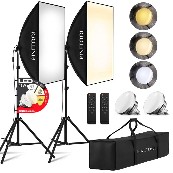 Fotostudio Set – 2 Softbox Licht, 2 Durchlichtschirm, 2 LED Lampen 4800 Lumen 3000-6000K – 50x70 cm