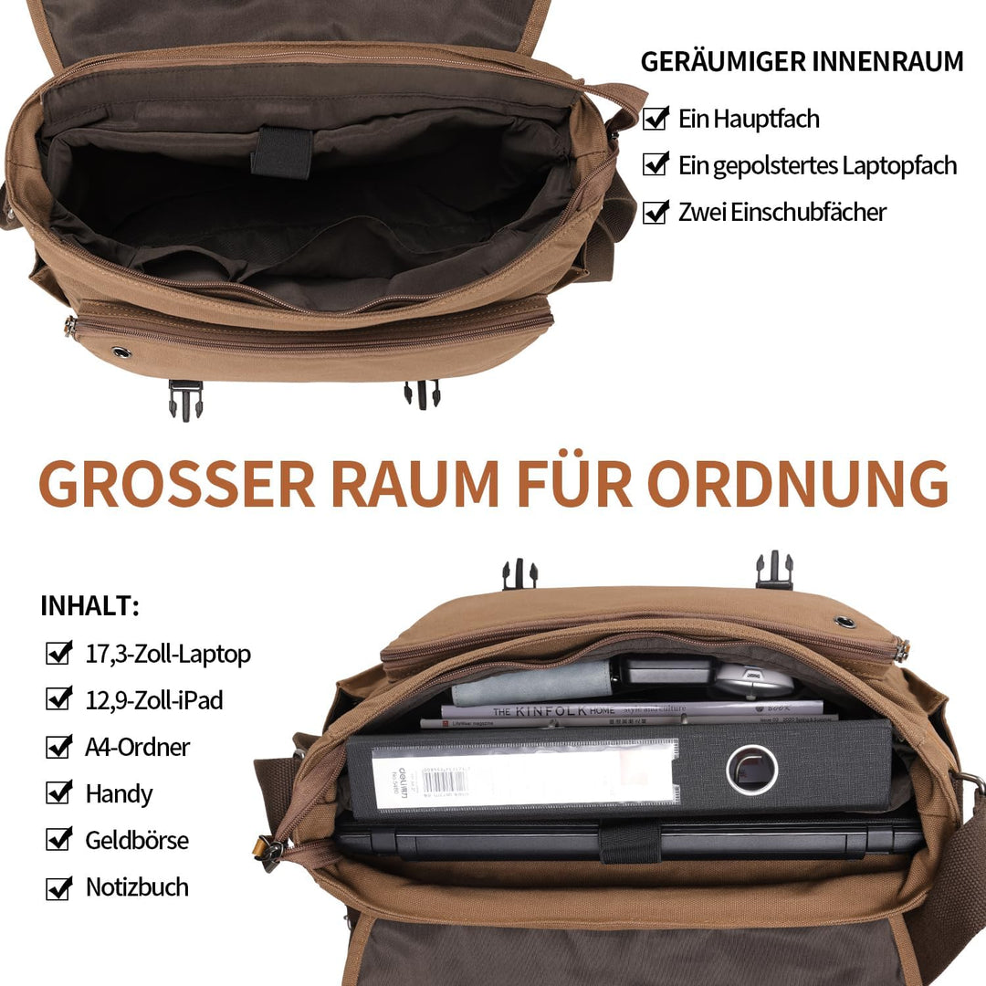 ESTARER Laptoptasche 17 Zoll Umhängetasche Canvas für Arbeit Uni, Braun Braun 17.3 Zoll (Schnallen),