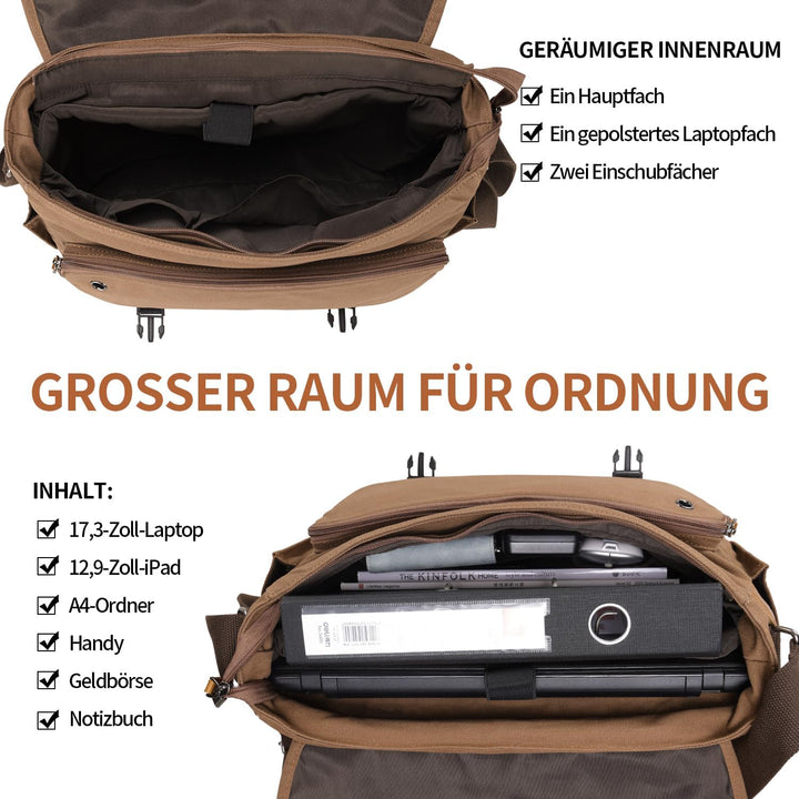 ESTARER Laptoptasche 17 Zoll Umhängetasche Canvas für Arbeit Uni, Braun Braun 17.3 Zoll (Schnallen),